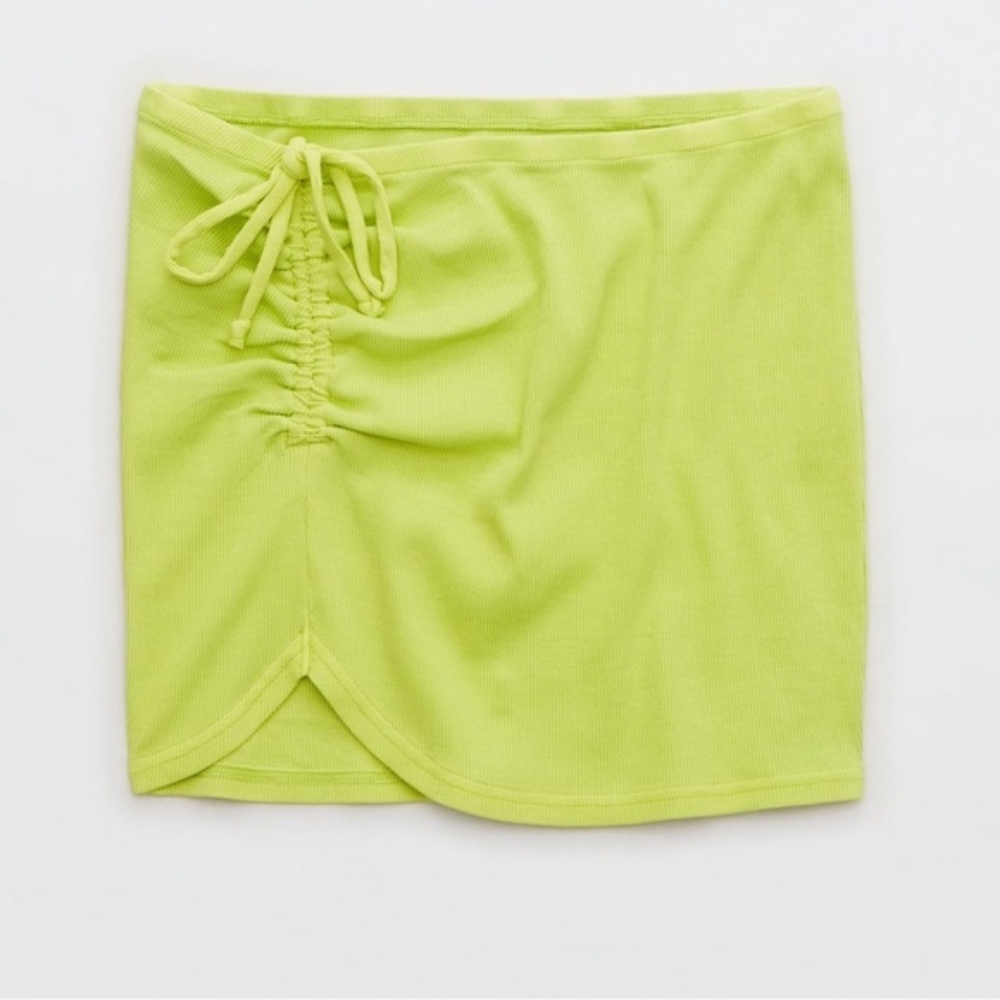 Aerie Neon Green Side Tie Front Ruched Skirt Swim Cover Med NWT